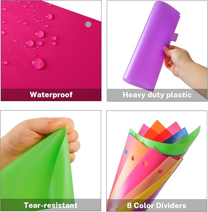 Binder Dividers with Tabs, 8 Tab Sturdy Plastic Dividers for 3 Ring Binder, Colorful Dividers for 3 Ring Binder Page Protectors, 3 Ring Binder Dividers with Tabs for School Office, 3 Set (24 Pcs)