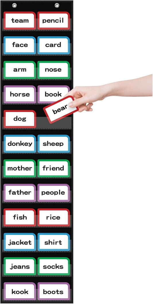 10”W x 48.25”H Classroom Words Pocket Chart with 12 Clear Pockets, Black Standard Pocket Chart for Classroom and Home for Sentence Strips, Reusable Words Hanging Pocket Chart (Black)