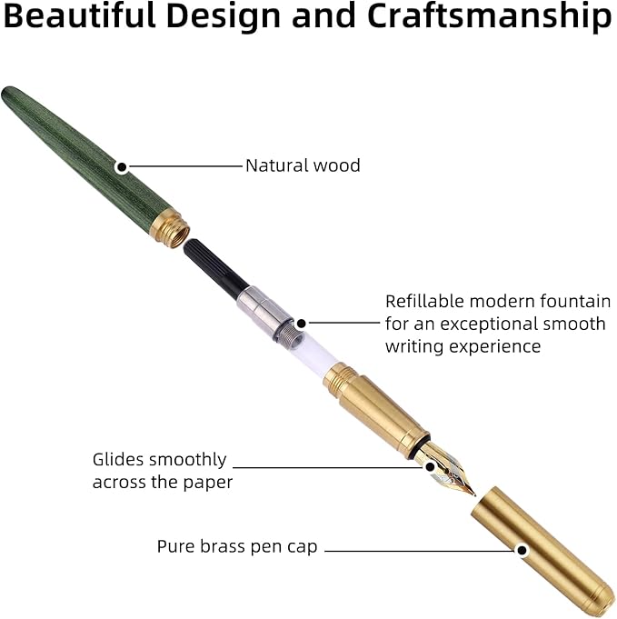cobee Wooden Fountain Pens - Handcrafted Vintage Luxury Pen, 0.5mm Fine Point, Smooth Writing for Journaling & Calligraphy, Green