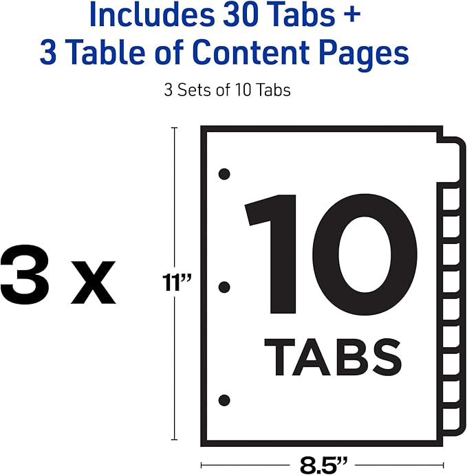 Avery Dividers for 3 Ring Binders, 10 Tabs per Set, Customizable Table of Contents, Classic White Tabs, Great for Organizing Reports, Projects, and More (3 Sets of 11077)