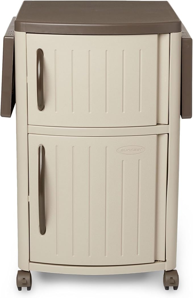 Suncast Serving Station Patio Cabinet, Portable Grill Prep Table, Light Taupe & Mocha - Includes Side Shelves, Storage Cabinets, Server Tray and Wheels for Outdoor BBQ Grilling and Backyard Dining