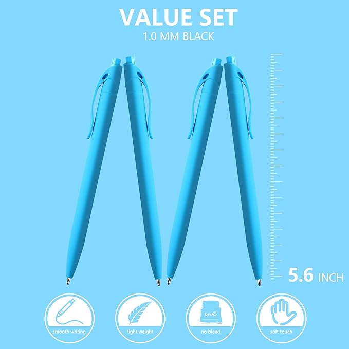 deegtran 100 Pack No Bleed Sky Blue Barrel Click Pens, Wholesale Retractable Ballpoint Pens, Medium Point, Smooth Ink, 1.0MM Black Ink
