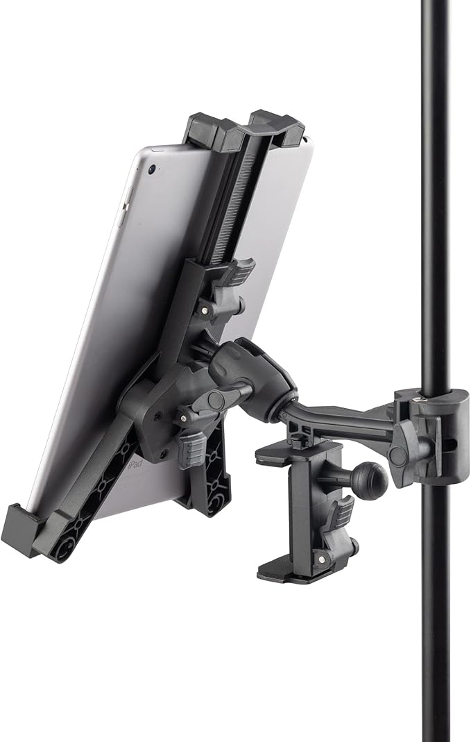 OnStage TCM1500 Tablet/Smartphone Holder (Setup for Tablets, Computers, E-Readers, Smartphones, and Phablets, Clamp Mount, Nonslip Padding, Adjustable Angle and Rotation, External Battery Holder)