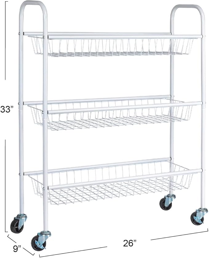 Household Essentials 3-Tier Slim Storage Cart, Heavy-Duty Steel Frame, Smooth Casters with Locks, Powder Coat Finish, Arched Handles, Easy to Assemble, Modern, Compact, White