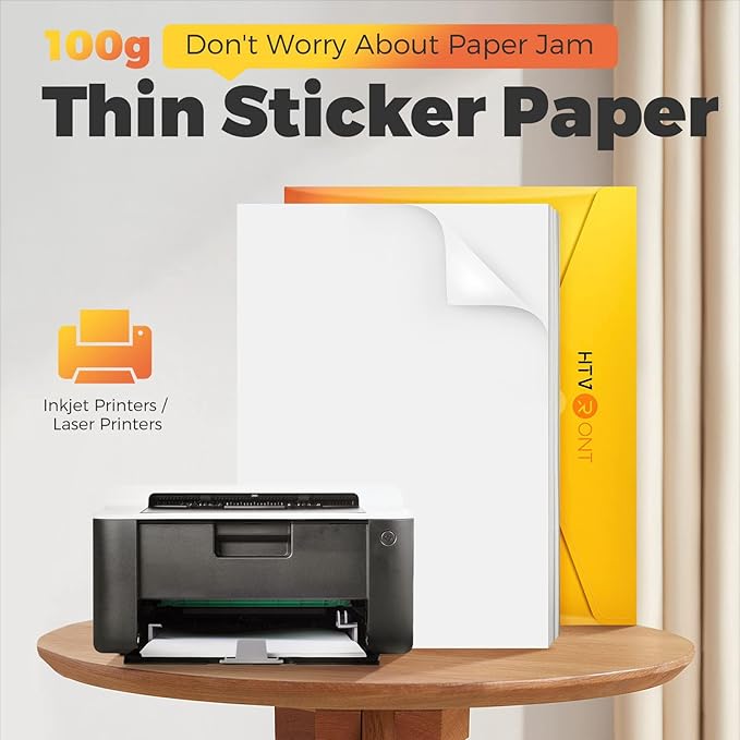 HTVRONT Printable Vinyl Sticker Paper, 100 Sheets Matte Waterproof Sticker Paper For Inkjet Printer Dries Quickly-Standard Letter Size 8.5"X11"