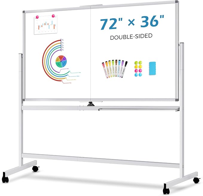 Double-Sided Rolling Whiteboard Dry Erase, 72" x 36" Large Mobile White Board with Stand, Giant Magnetic Dry Erase Board on Wheels for Office, Home & School