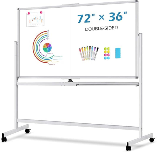 Double-Sided Rolling Whiteboard Dry Erase, 72" x 36" Large Mobile White Board with Stand, Giant Magnetic Dry Erase Board on Wheels for Office, Home & School