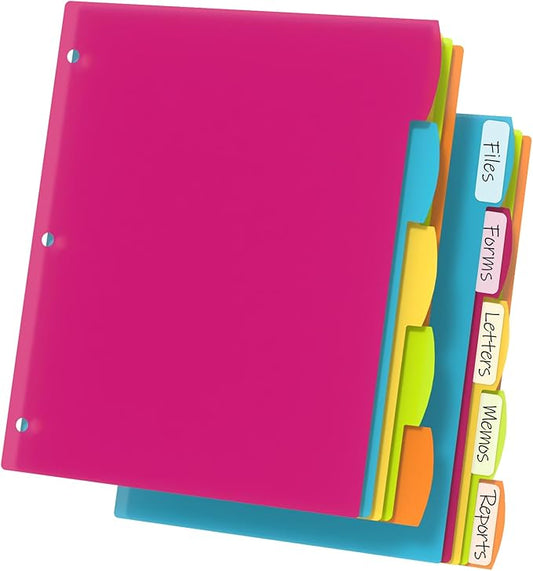 HABGP 3 Ring Binder Dividers with Tabs, 10PCS/2 Set Plastic Dividers for 3 Ring Binder, 5 Tab 3 Hole Punch Dividers Color Pages,Tabbed Index Dividers
