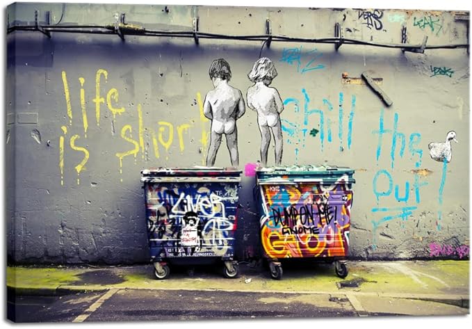 Wieco Art Gallery Wrapped Canvas Prints Life is Short Chill the Duck Out Banksy Boys Artwork Reproduction Graffiti Poster Print on Canvas Wall Art for Bedroom Home Office Decorations