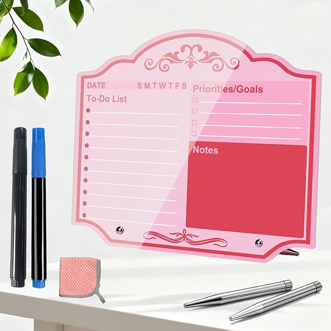 Desktop Thickened Acrylic Dry Erase Board to Do List Planner Board 12" x 10" Tabletop Priorities Notes Whiteboard with Stand Markers Pink for Office Home School Desk Weekly Daily Task Organizer