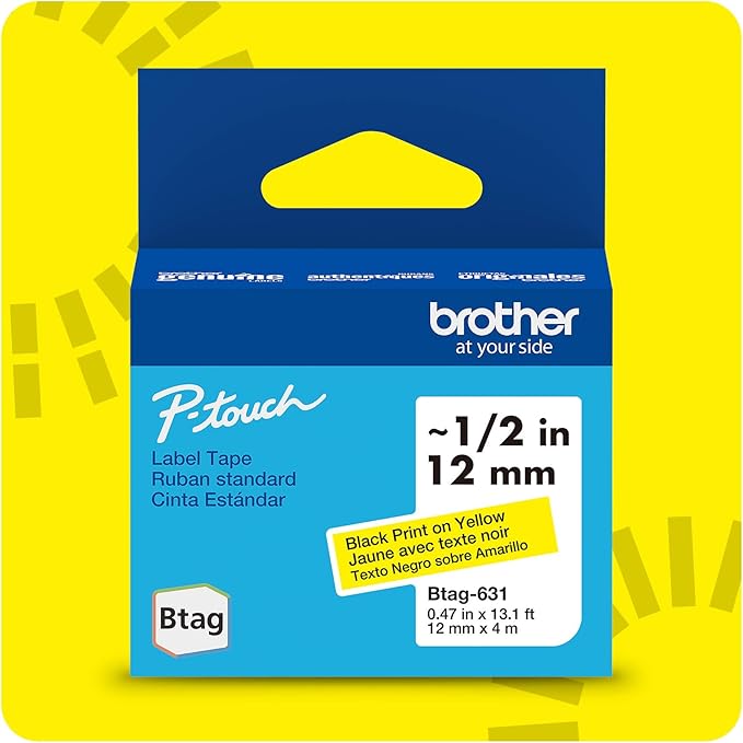 Brother Genuine P-Touch Btag BTAG631 Black on Yellow Label Tape ~1/2in by 13.1ft (12mm x 4m) (Works Only with Brother PT-N10, PT-N20, PT-N25BT Label Makers)