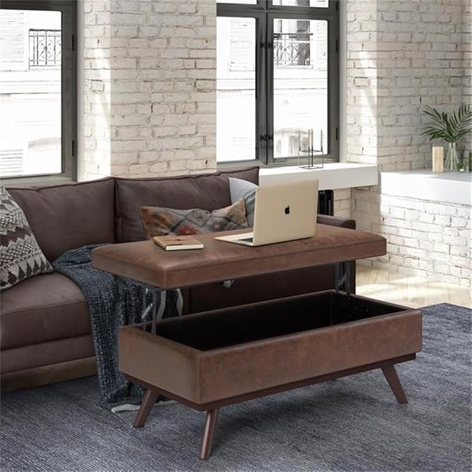 SIMPLIHOME Owen Lift Top Coffee Table Storage Ottoman - 42 inch Wide Upholstered Vegan Leather Rectangular Lift-Top Ottoman in Distressed Chestnut Brown, Mid-Century Modern Ottoman for Living Room
