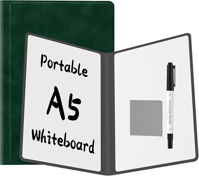 Portable Dry Erase Board,Reusable Whiteboard Notebook, Double-Sided White Board PU Cover 9.5"x6.6" with Marker,Wipe Cloth (Retro Green)