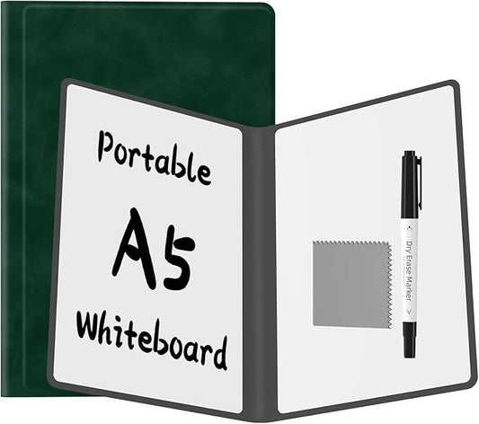 Portable Dry Erase Board,Reusable Whiteboard Notebook, Double-Sided White Board PU Cover 9.5"x6.6" with Marker,Wipe Cloth (Retro Green)