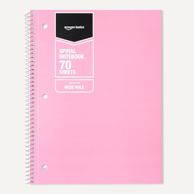 Amazon Basics Wide Ruled Spiral Notebook, For Work and School, 70 Sheets, 8" x 10.5", 3 pack, Assorted Pastel Solid Colors