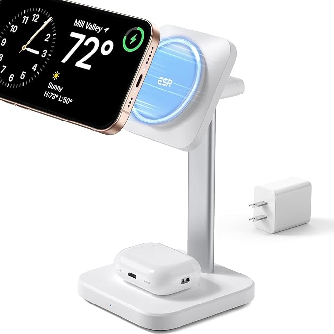 ESR 2 in 1 Charging Station for Apple, MagSafe Charger Stand for iPhone [Certified], Magsafe Charging Station for Multiple Devices iPhone 17/16/15/14/13/12, Apple Watch, & AirPods, White