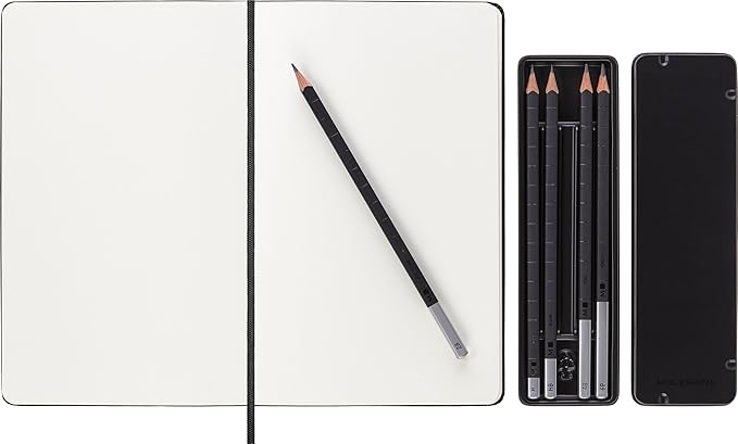 Moleskine Art Collection Sketching Kit - Sketchbook Large + Drawing Pencils Set, Large, Plain, Black, Hard Cover (5 x 8.25) 104 Pages