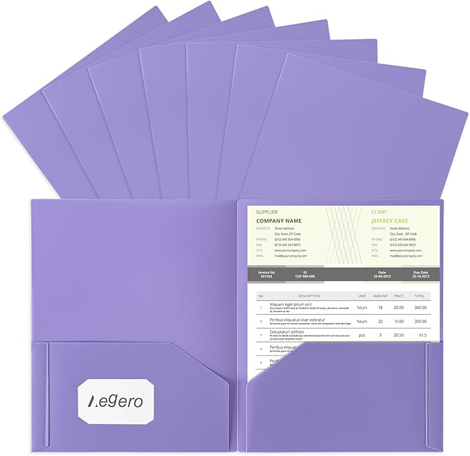 Plastic Folders with Pockets (7 Pack, Purple), Durable Heavy Duty File Folders with Business Card Slot, 2-Pocket Folder for Schoolwork & Office,Letter Size