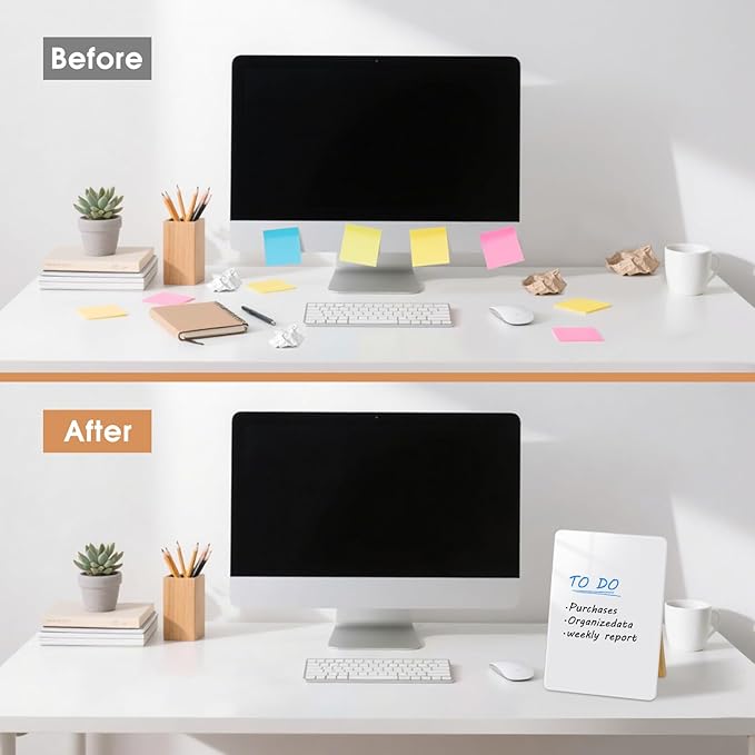 Desktop Glass Dry Erase Board, Small Glass Whiteboard with Adjustable Wood Stand - Reusable Desk Notepad 9.5" x 6.7" for Home Office