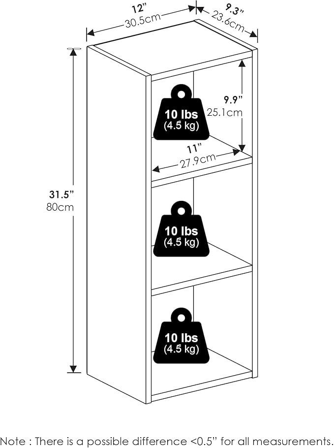 Furinno PASIR Book Shelf, 3-Tier Bookshelf, Bookcase with Open Shelves, 9 x 12 x 32, for Living Room, Bedroom, Home Office, Amber Pine