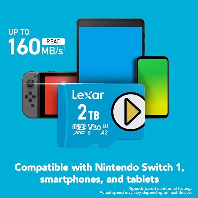 Lexar 2TB Play Blue Micro SD Card, UHS-I, C10, U3, V30, A2, 4K, Up to 160MB/s microSDXC Memory Card, Expanded Storage for Nintendo-Switch 1, Gaming Devices, Smartphones, Tablets (LMSPLBL002T-BNNNU)