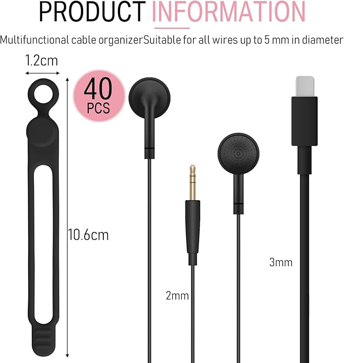 Nuanchu 40 Pcs Silicone Cable Ties Reusable Holder Adjustable Straps Multipurpose Charging Cable Organizer for Fastening Charging Cords Wires(4.17 Inch,Black, White, Gray, Pink)