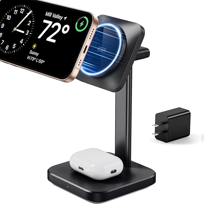 ESR 2 in 1 Charging Station for Apple, MagSafe Charger Stand for iPhone [Certified], Magsafe Charging Station for Multiple Devices iPhone 17/16/15/14/13/12, Apple Watch, & AirPods, Black