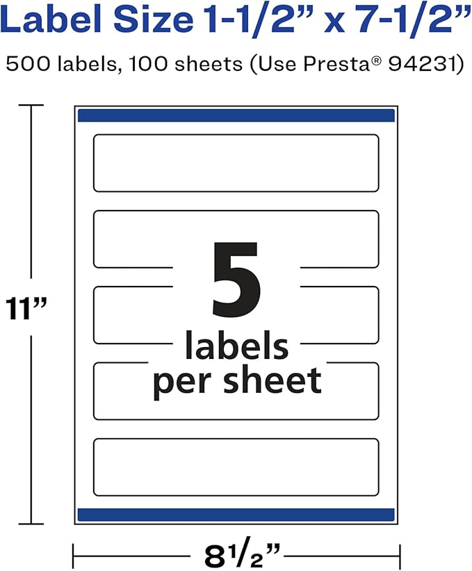 Avery Glossy White Rectangle Labels, Sure Feed Technology, 1.5" x 7.5", 500 Glossy White Labels, Print-to-The-Edge, Permanent Adhesive, Laser/Inkjet Printable
