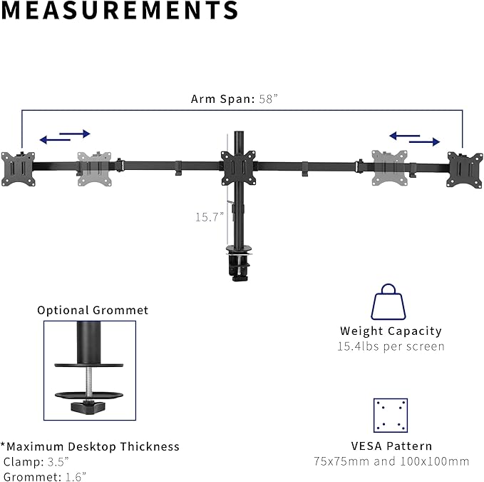 VIVO Triple Monitor 21.5 to 27 inch LED LCD Clamp-on Desk Mount, Flush to Wall, Heavy Duty Articulating Computer Stand, Holds 3 Screens, for Home Office Workstation, Black, STAND-V103C
