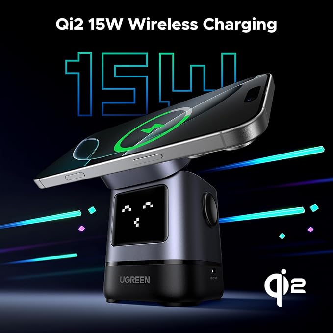 UGREEN Uno Qi2 Certified 15W Wireless Charger Stand, 2-in-1 Foldable Charging Station Compatible with iPhone 17/17 Air/17 Pro/17 Pro Max/16/15/14/13/12 Series, AirPods 2/3/Pro (No AC Adapter)