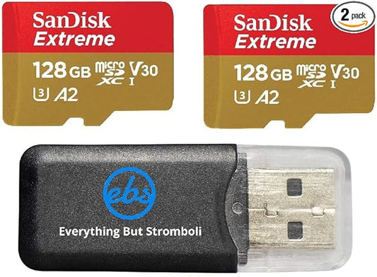 SanDisk Extreme 128GB Micro SDXC Card for DJI Mavic Mini 2, Mavic Mini, Mavic Air 2 Drone (2 Pack) C10 4K V30 A2 (SDSQXA1-128G-GN6MN) Bundle with 1 Everything But Stromboli MicroSD Memory Card Reader