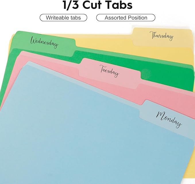 30-Pack Color File Folders, 1/3 Cut Tab, Assorted 10 Colors Letter Size Manilla Folder for School/Office/Classroom