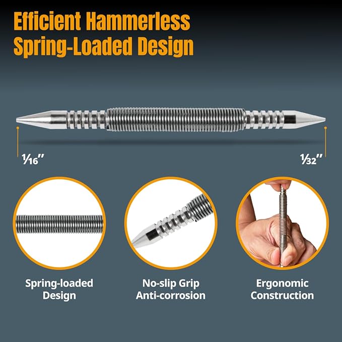 POWERTEC Dual Head Nail Setter, Hammerless 1/32" & 1/16" Spring Loaded Nail Set and Punch Tool, 5000 PSI Striking Force for Setting Proud Brad Nails, 1PK (71936)