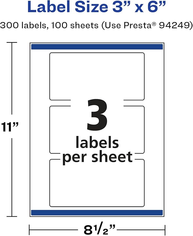 Avery Glossy White Rectangle Labels, Sure Feed Technology, 3" x 6", 300 Glossy White Labels, Print-to-The-Edge, Permanent Adhesive, Laser/Inkjet Printable