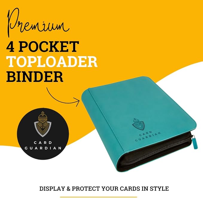 Card Guardian - Toploader 4 Pocket Premium Binder with Zipper for 160 Cards - Side Loaded Pockets - Compatible with Sports and Trading Cards TCG (Teal)