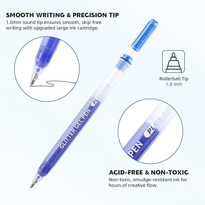 Glitter Gel Pens, 6 Colors Double Shining Colors Purple Glitter Metallic Gel Ink Pen with 1.0 mm Large Capacity Smooth Writing Color Pens for Adult Coloring Note, Drawing, Art Supplies