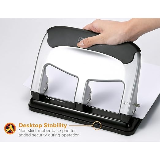 Bostitch Office EZ Squeeze Heavy Duty 3 Hole Punch, 40-Sheet Capacity, Use Less Force, Perfect for Home Office School Supplies, Sleek Design, Silver