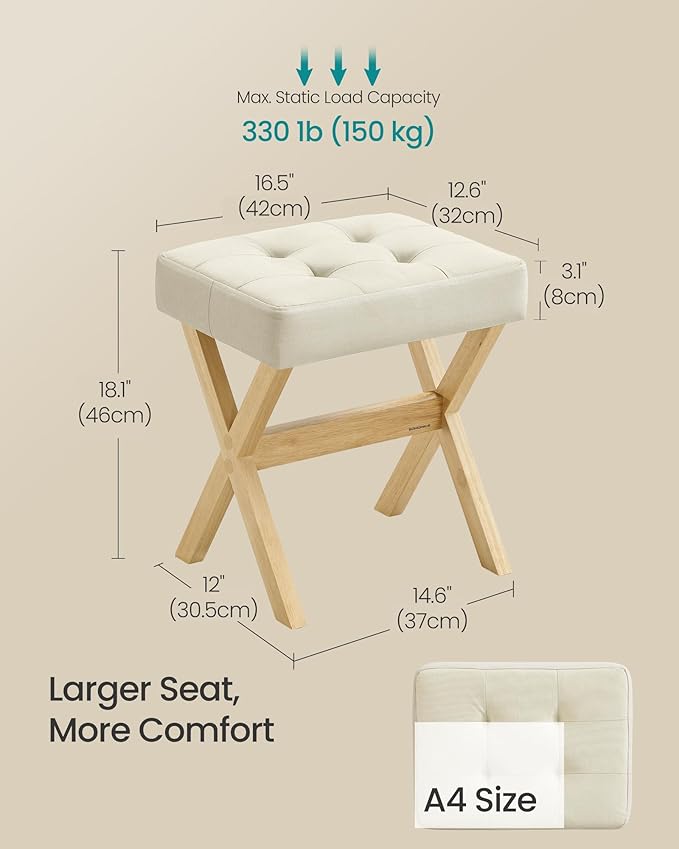 SONGMICS Makeup Stool, Padded Vanity Stool, Foot Rest, Solid Wood X Legs, for Bedroom, Closet, Entryway, 12.6 x 16.5 x 18.1 Inches, Summer Sand and Brown ULSF006LF01