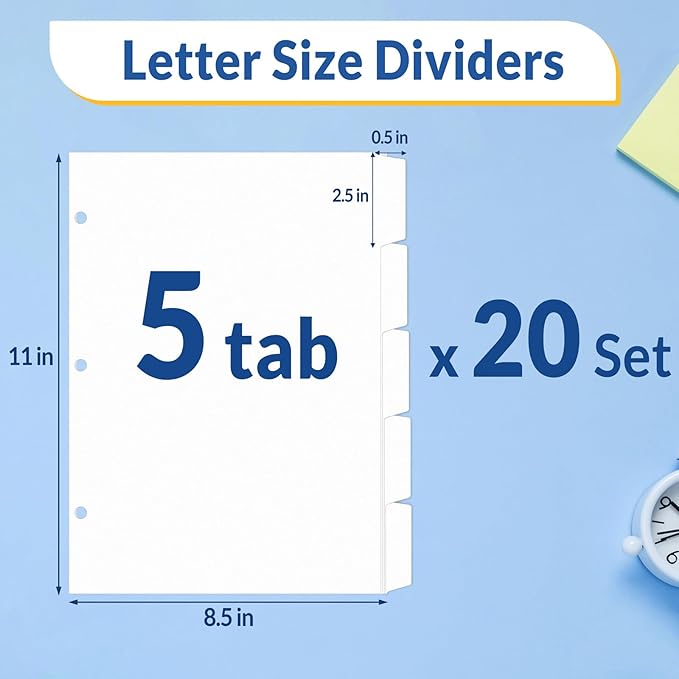 SUNEE Binder Dividers with Tabs for 3 Ring Binder, 8.5 x 11 Paper White Binder Dividers Blank with 5 Tabs, 20 Sets Page Dividers for School, Office and Home, 100 Dividers