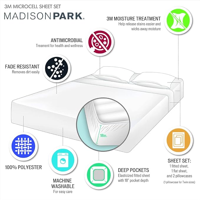 Madison Park 3M Microcell Bed Sheet Set Color Fast, Wrinkle and Stain Resistant, Soft Sheets with 16" Deep Pocket All Season, Cozy Bedding-Set, Matching Pillow Case, Cal King, Grey, 4 Piece