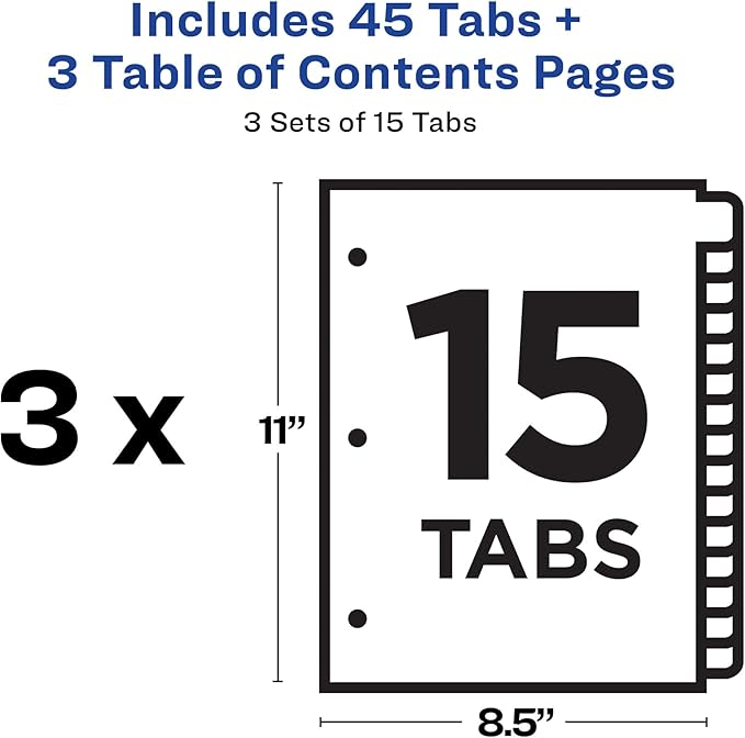 Avery Dividers for 3 Ring Binders, 15 Tabs per Set, Customizable Table of Contents, Classic White Tabs, Great for Organizing Reports, Projects, and More (3 Sets of 11079)