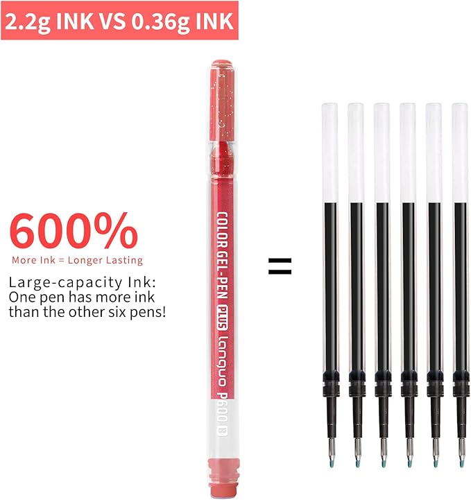 Glitter Gel Pens, 6 Pack Glitter Pens For Adults Coloring Books, 1.0mm Point Colored Pens, Large Capacity Ink Pens for Coloring, Writing, Drawing, Journaling, Note Taking, Office, Home
