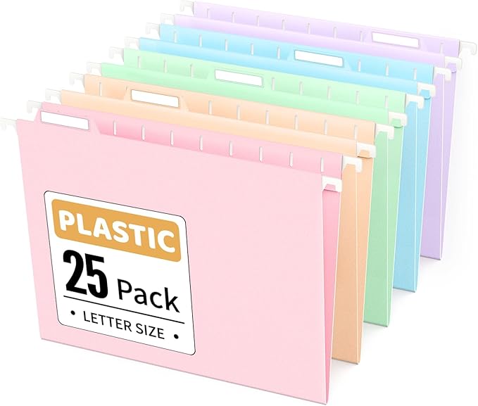 Sooez Tear-Resistant Plastic Hanging File Folders Letter Size, 25 Count File Organizer Suitable for File Cabinet Filing Cabinets, 1/5-cut Adjustable Tabs for Office, School, Pastels Colors, Pink