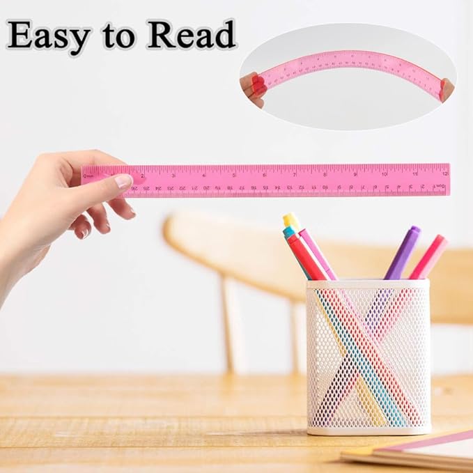 Plastic Clear Ruler Math Set, 6" | 12" Straight Ruler Protractor, 2 Protractors 180 Degree 2 Triangle Rulers 45 | 60 Degree 2 Straight Rulers Measuring Tool for School Office Home Supplie,Pink