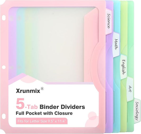 5-Tab Dividers with One Full Pocket, 5 Counts Binder Dividers, 8.5 x 11'' Dividers for 3 Ring Binder 1''/2'' Recipe Binder Dividers with 5 Tabs for Back to School, Pastel Color (1)