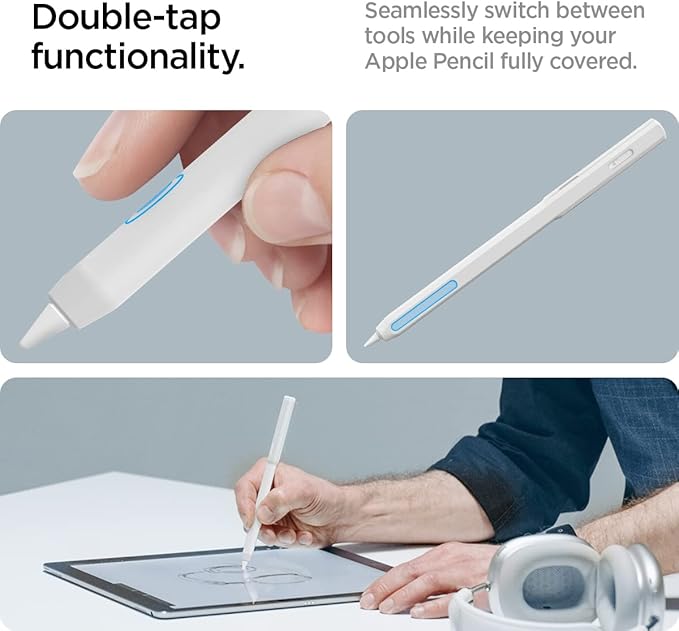 Spigen DA201 Apple Pencil Protective Case for Apple Pencil Pro and Apple Pencil 2nd Generation, Cover Sleeve with Clip and Grip, Compatible with Magnetic Charging and Double Tap - White