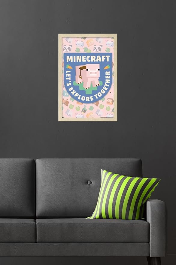 Trends International Minecraft - Let's Explore Together Wall Poster, 22.4L x 14.7W, Blonde Framed Version