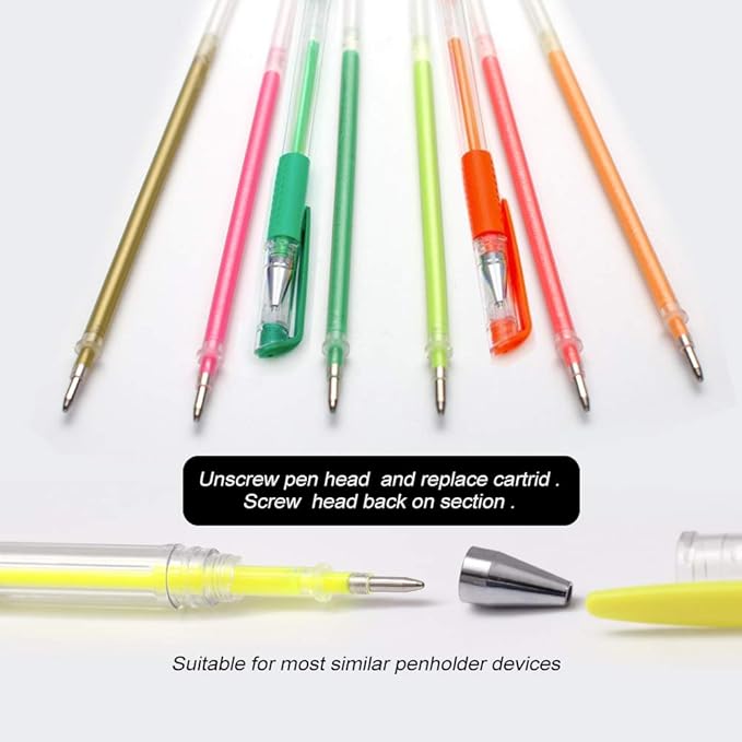200 Colors Gel Pen Ink Refills, Glitter Neon Gel Ink Pens Refills Replace Cartridges for Adult Coloring Books Journaling Women Gifts, No Repeats