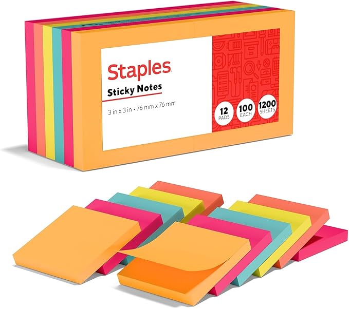Staples Sticky Notes, 3" x 3", Bright Colors, 1200 Sheets – Vibrant Self‑Stick Notes for Reminders, Planning & Collaboration