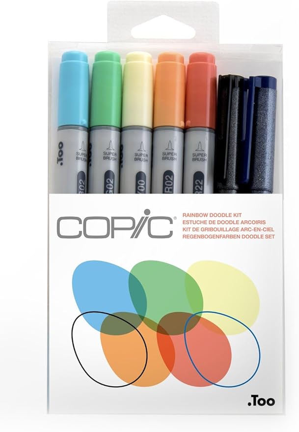 Copic Ciao Alcohol Markers, Doodle Kit Rainbow, 5 markers + 2 pens
